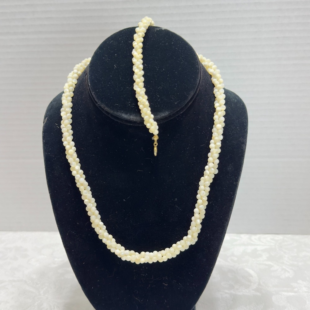 VTG Woven Mother of Pearl Bead Collar Necklace Rope Choker Bracelet Jewelry Set